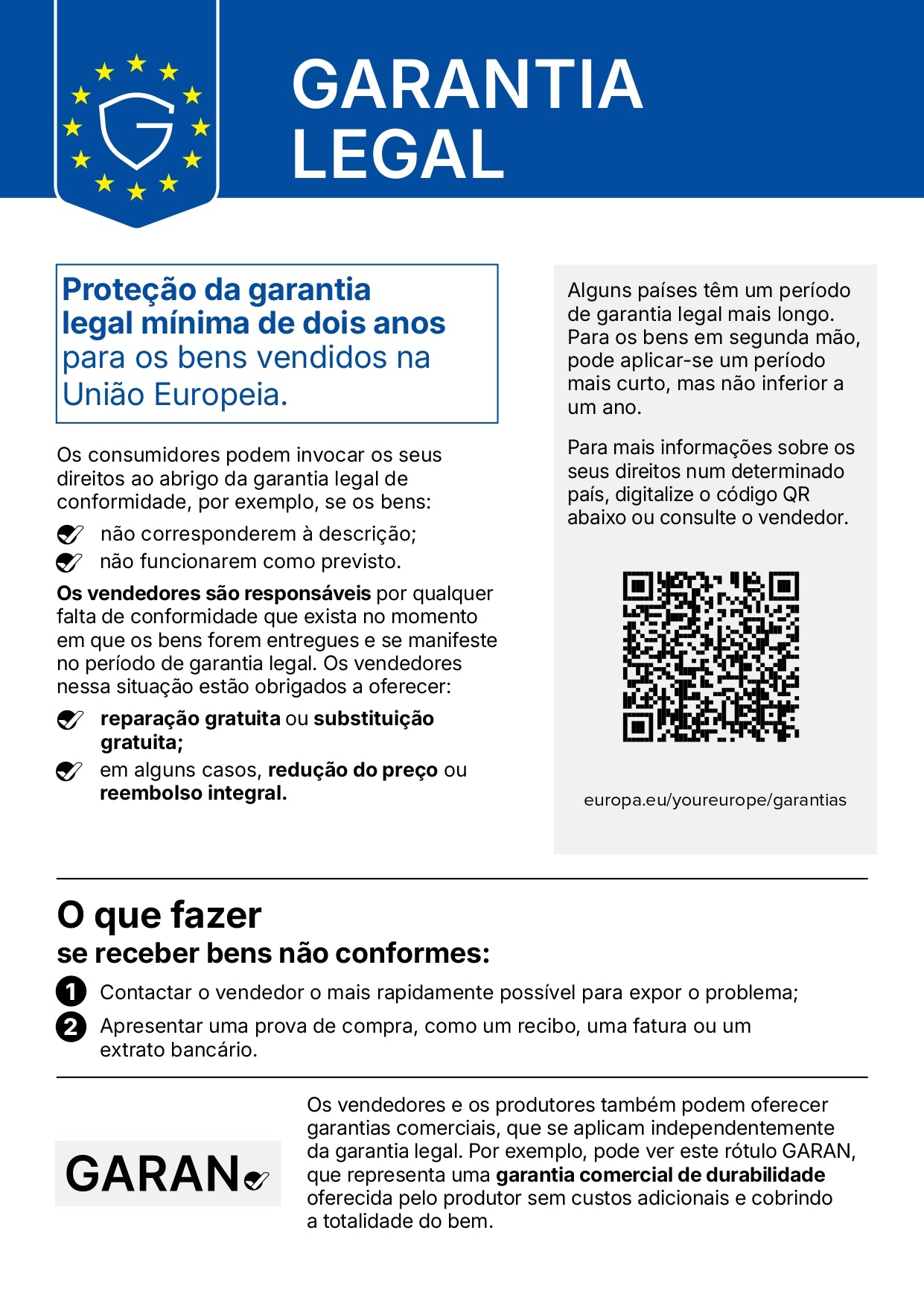 Aviso sobre a garantia legal
