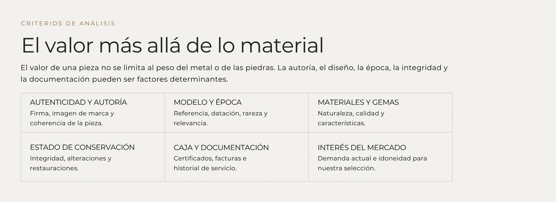 Criterios de evaluación de joyas: autenticidad y autoría, estado de conservación, modelo y época, documentación, materiales y gemas, e interés en el mercado.